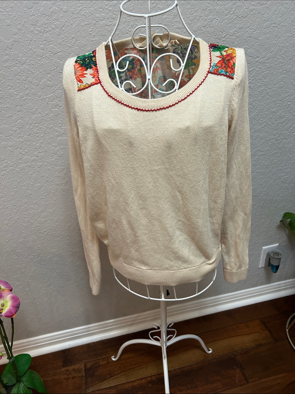 Anthropologie Cream Crewneck Sweater with Floral Shoulder Panels